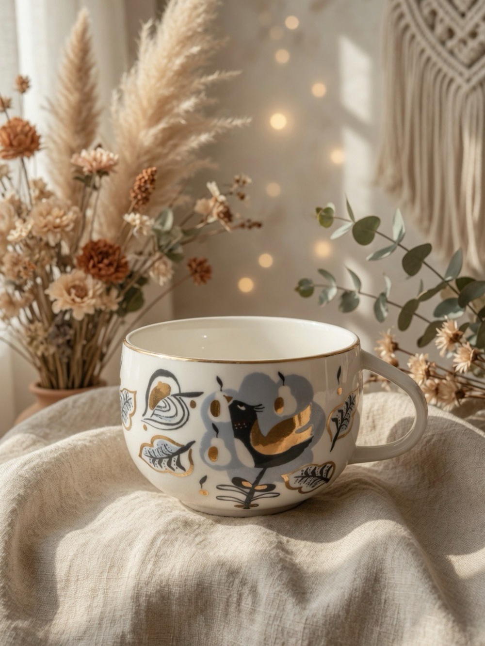 Anthropologie Corinna Bird Floral Gold Stone Ware Transferware Coffee Mug coffee